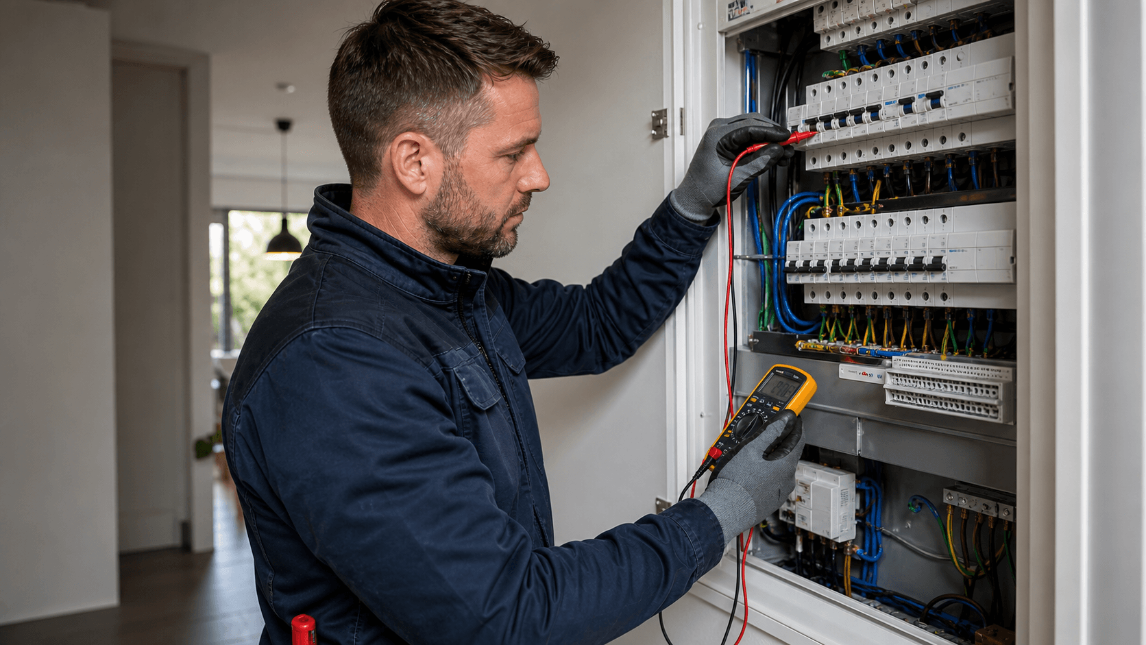 Elektricien meet een 3-fase aansluiting en krachtgroep in een moderne meterkast